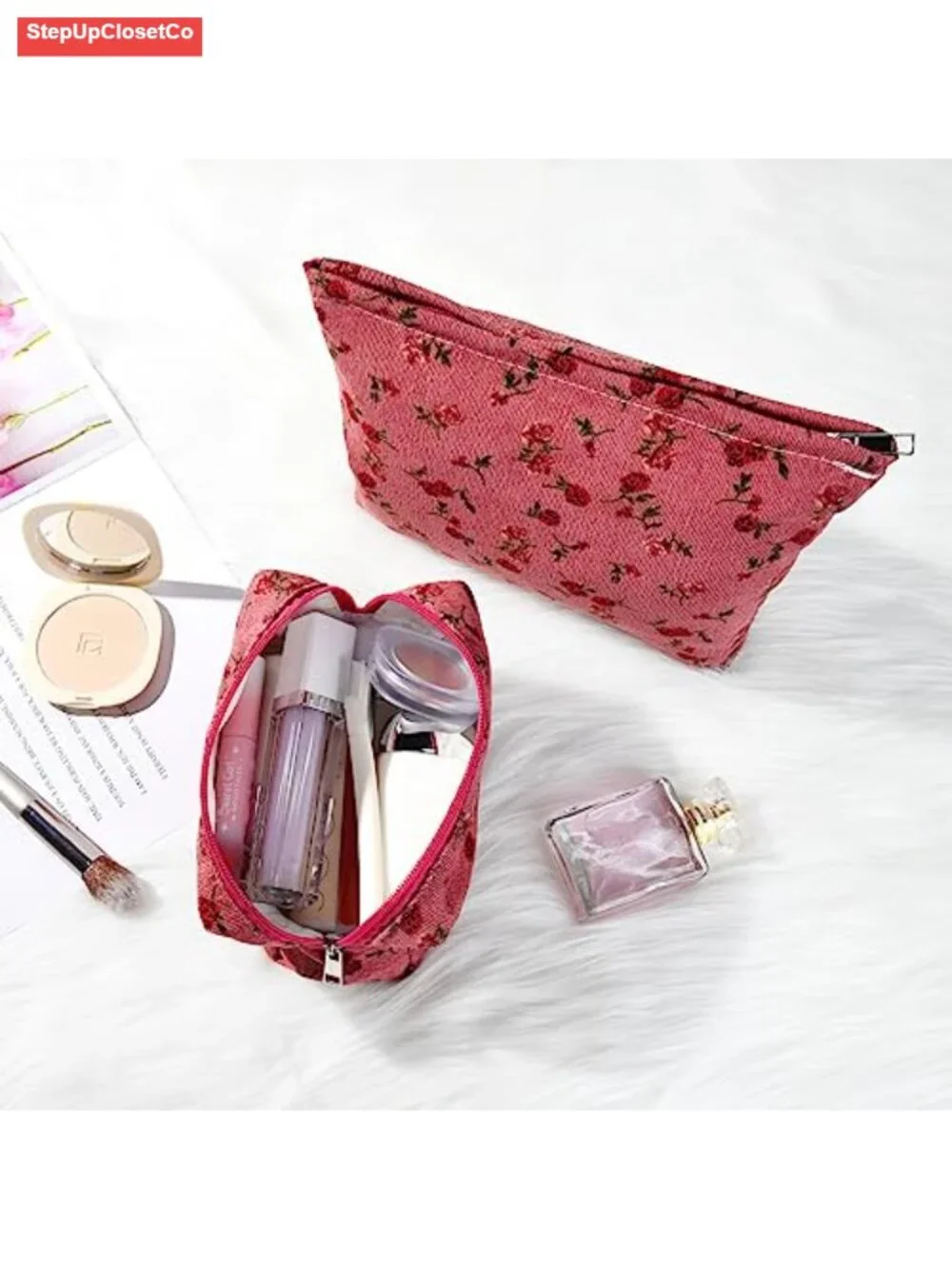 2 Pack Floral Cosmetic Bags - Large Canvas Travel Makeup Organizer with